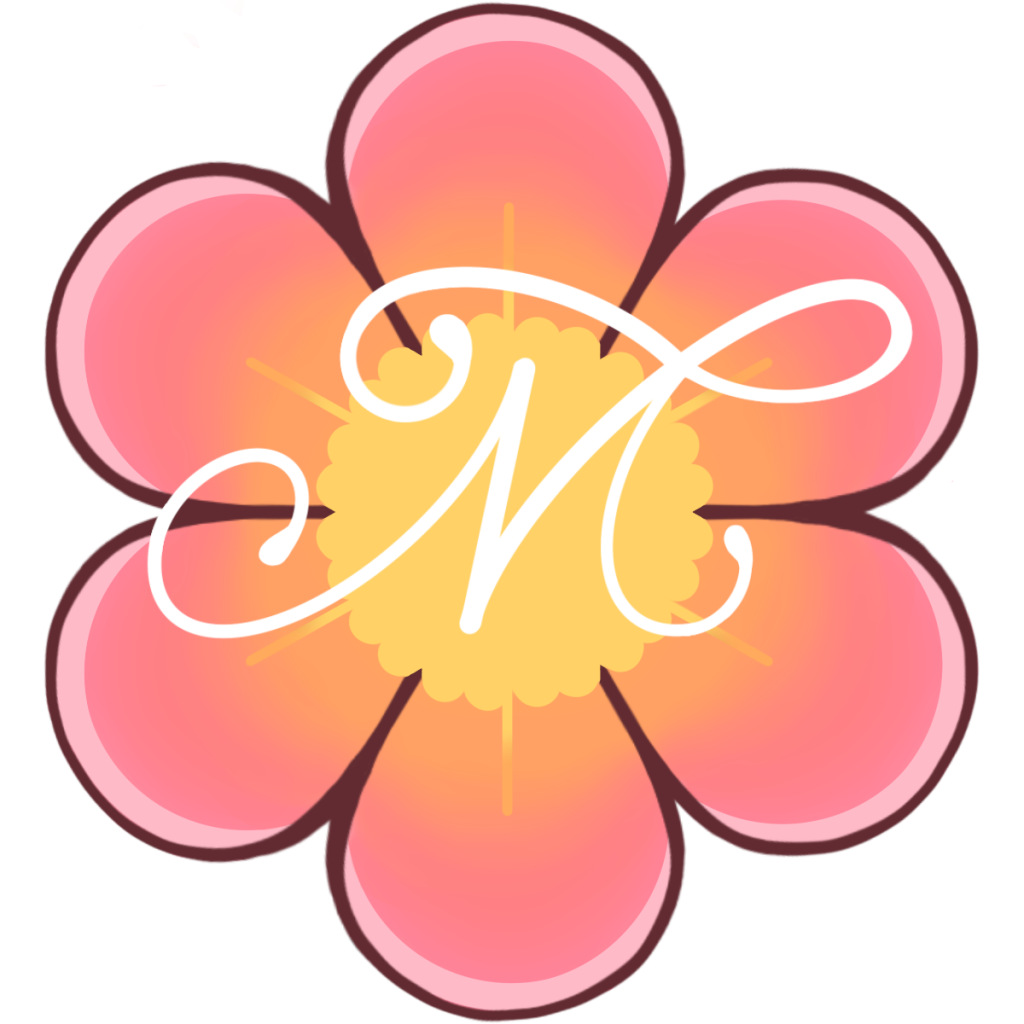 Mahan Marketing logo. A round flower with soft pink petals and a warm gradient from orange to yellow at the center, outlined in deep burgundy. A decorative white scripted letter M is displayed prominently in the center of the flower.